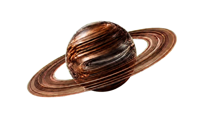 A luminous burnished bronze and warm graphite ringed planet